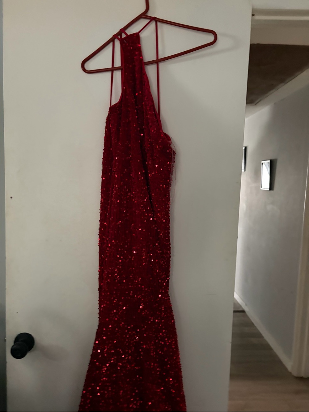 Red Sequin Halter Evening Dress